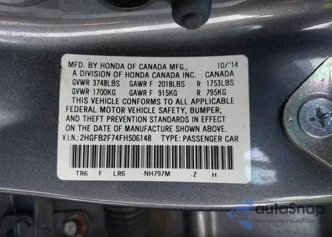 2015 Honda Civic Se из США, поврежденный, VIN 2HGFB2F74FH506148